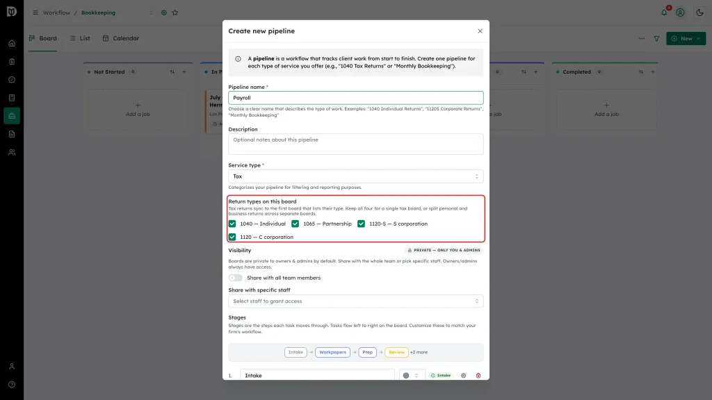 Return types on this board options highlighted with all four return types ticked
