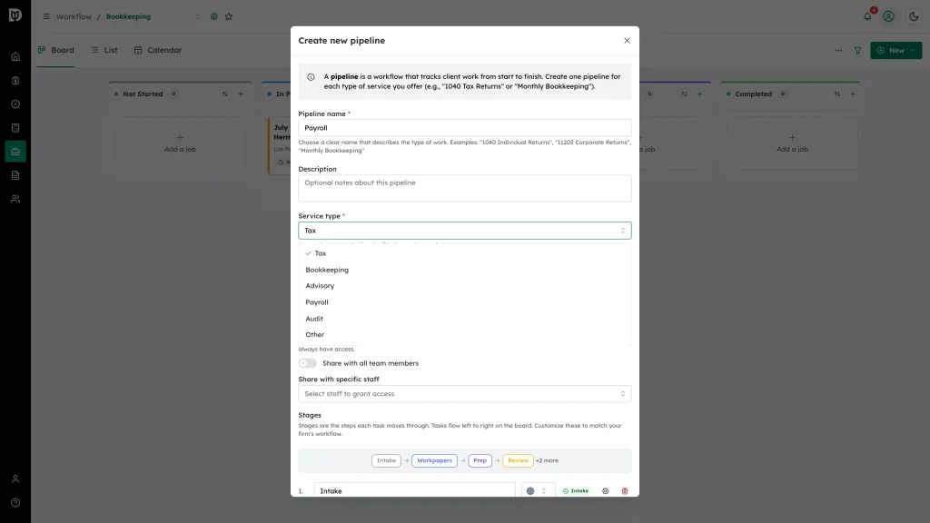 Service type list open with the available service types