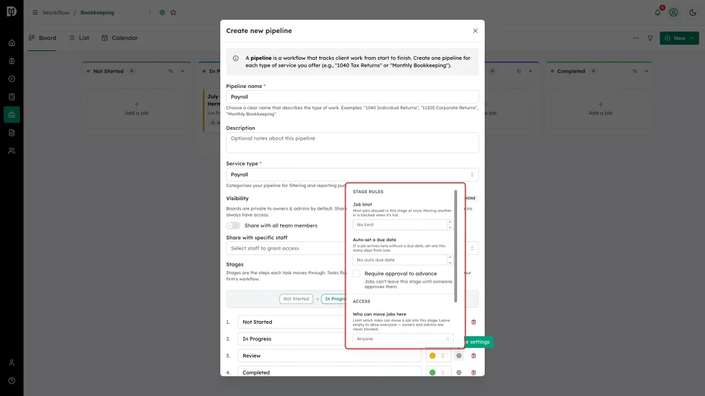 Stage rules panel highlighted, showing job limit, auto due date, approval and access settings