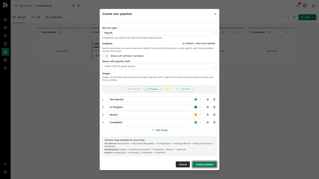 Create pipeline button highlighted at the bottom of the window
