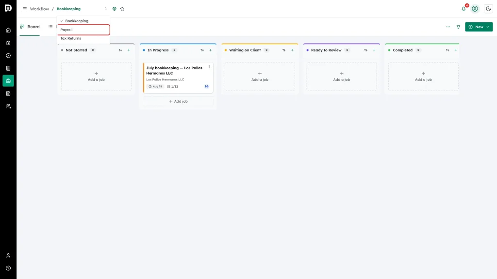 The new Payroll board highlighted in the board picker