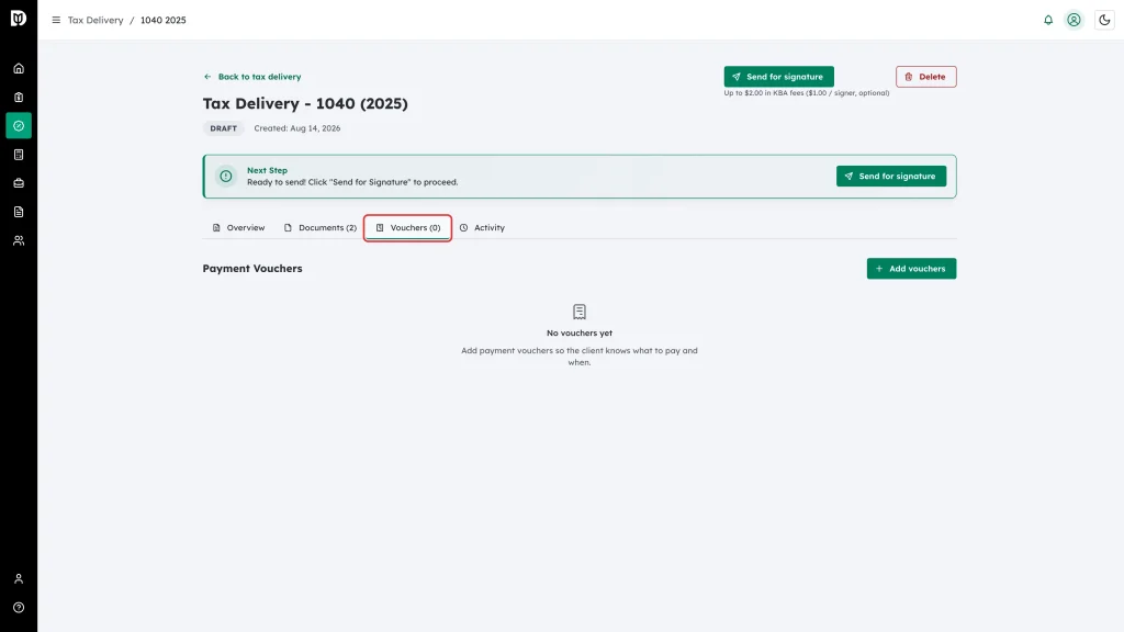 The Vouchers tab highlighted on the tax delivery detail page