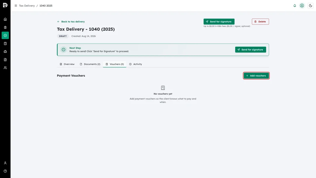 The Add vouchers button highlighted above the empty vouchers panel