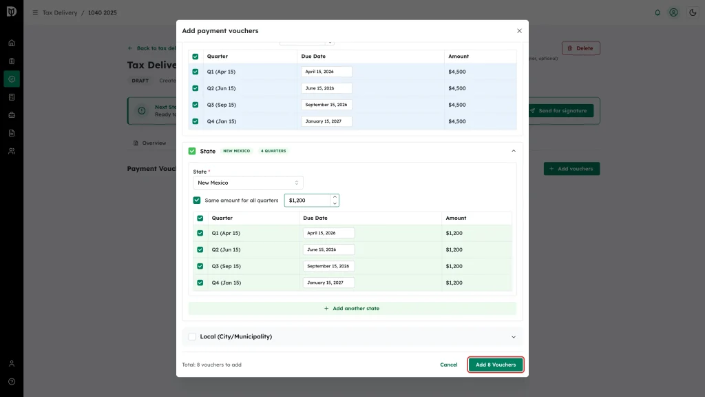The Add 8 Vouchers button highlighted next to the running total in the modal footer