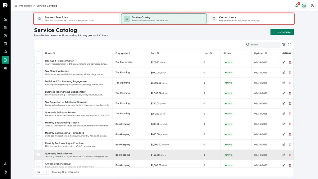 Library strip with Proposal Templates, Service Catalog and Clause Library