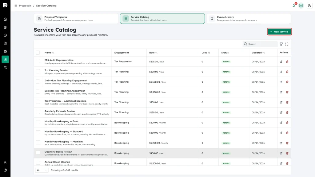 New service button at the top right of the Service Catalog