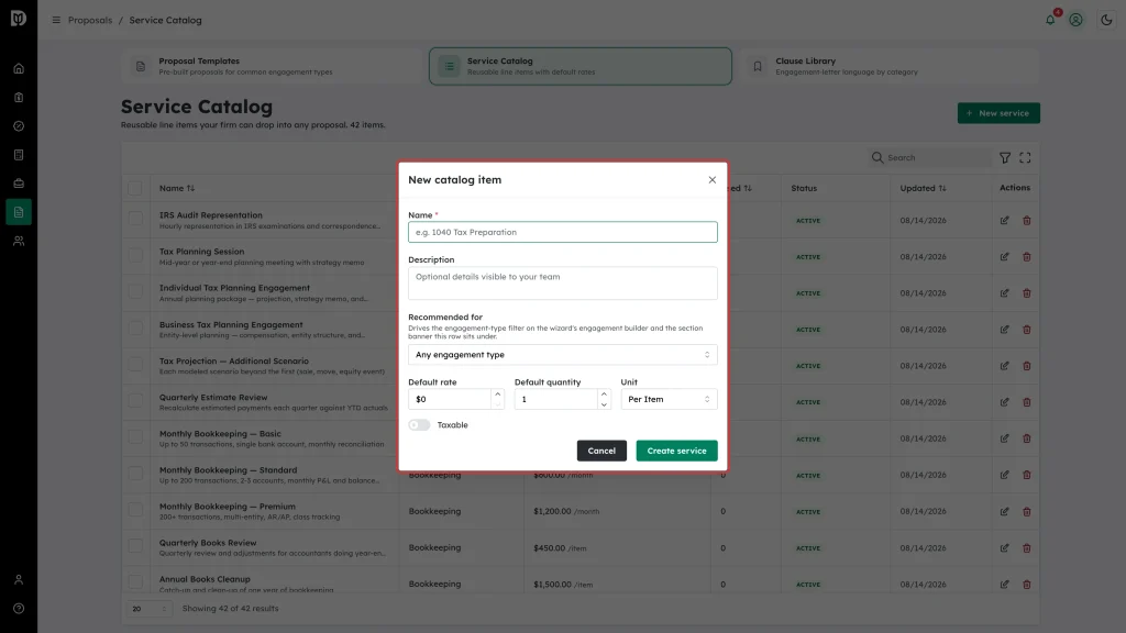New catalog item modal with Name, Recommended for, Default rate, Default quantity and Unit