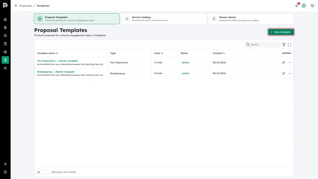 New template button on the Proposal Templates page