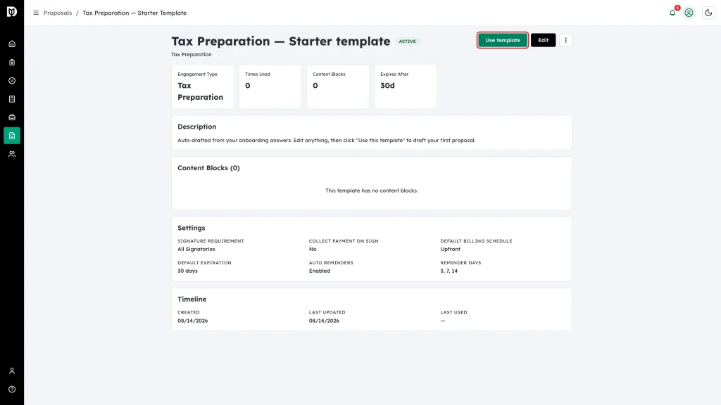 Use template button on the template detail page
