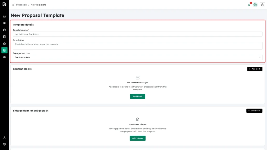 Template details panel on the New Proposal Template form