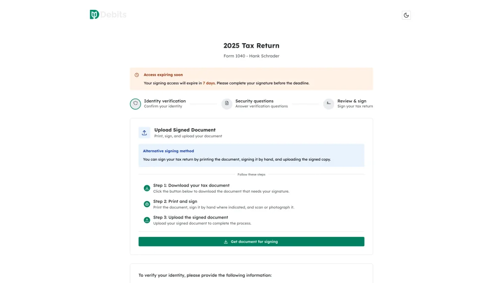 The tax return signing page highlighted, showing the tax year, form type and the three-stage progress bar