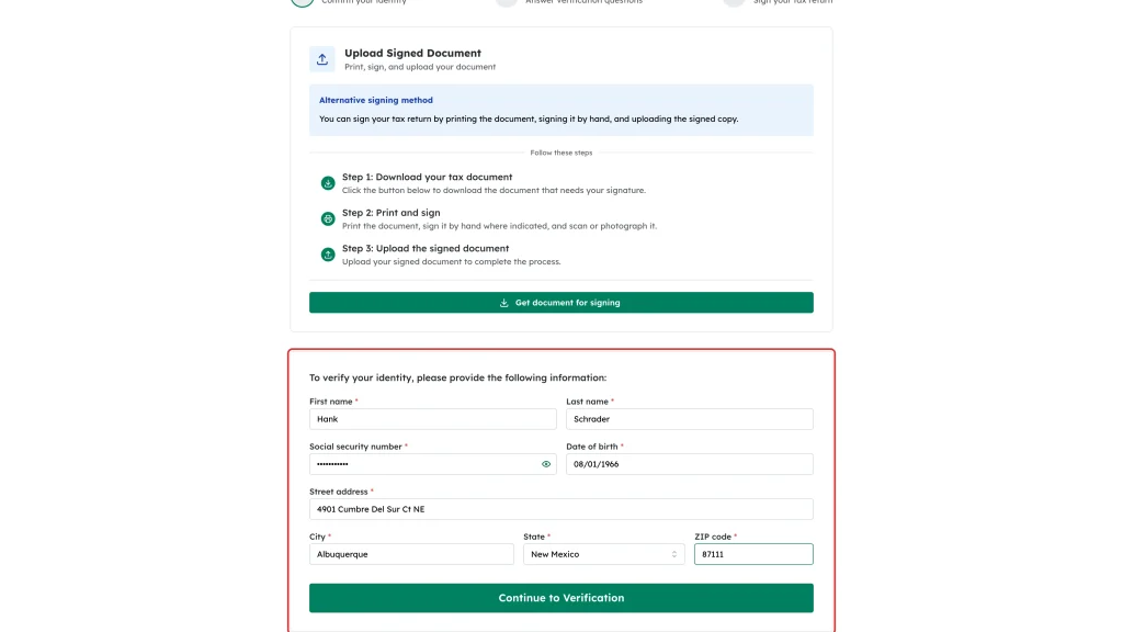 The identity verification form highlighted with the name, SSN, date of birth and address fields