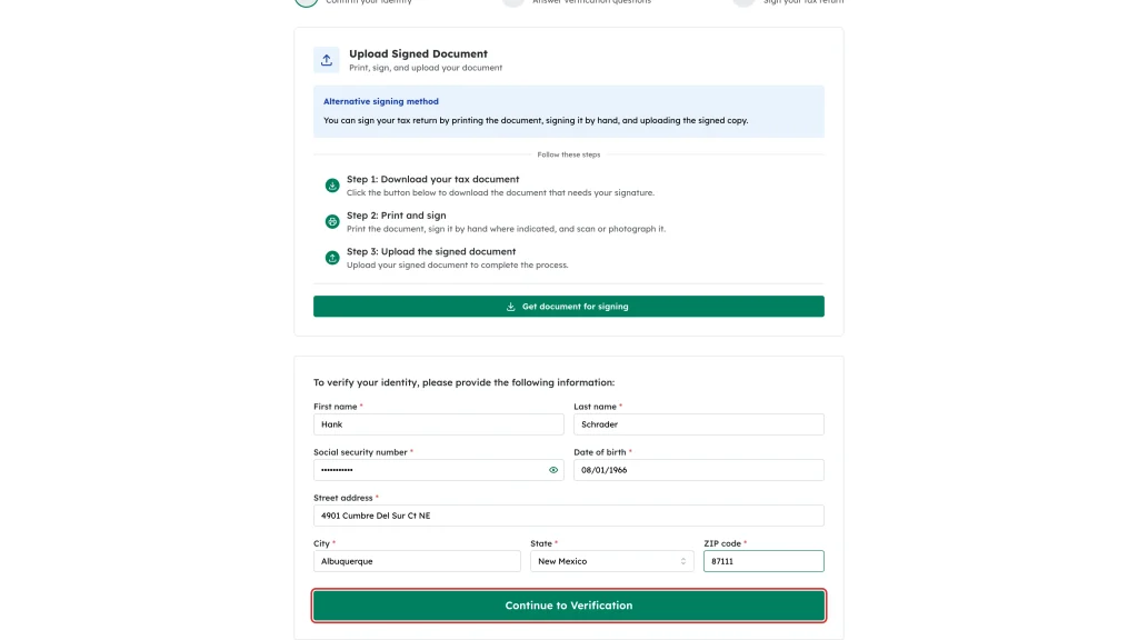 The Continue to Verification button highlighted at the bottom of the identity form