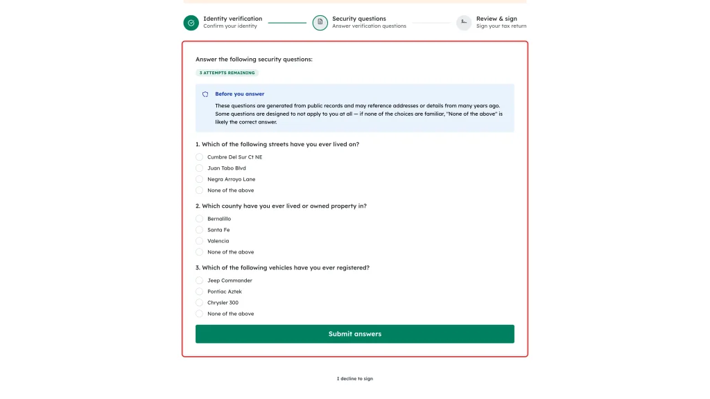 The security questions panel highlighted, showing the attempts-remaining badge, the questions and the Submit answers button