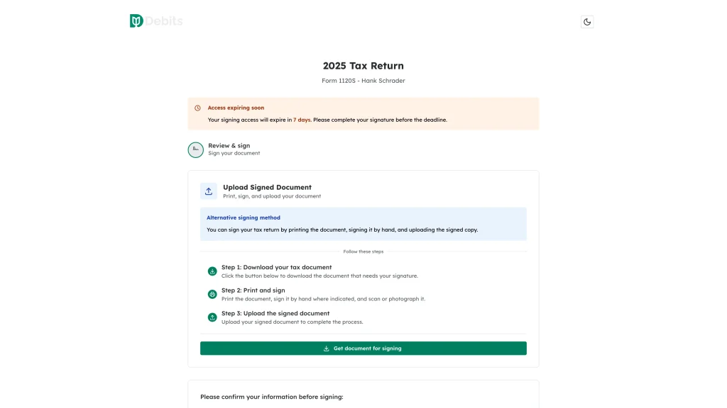The Review & sign page for a Regular E-Sign return, showing the Upload Signed Document alternative