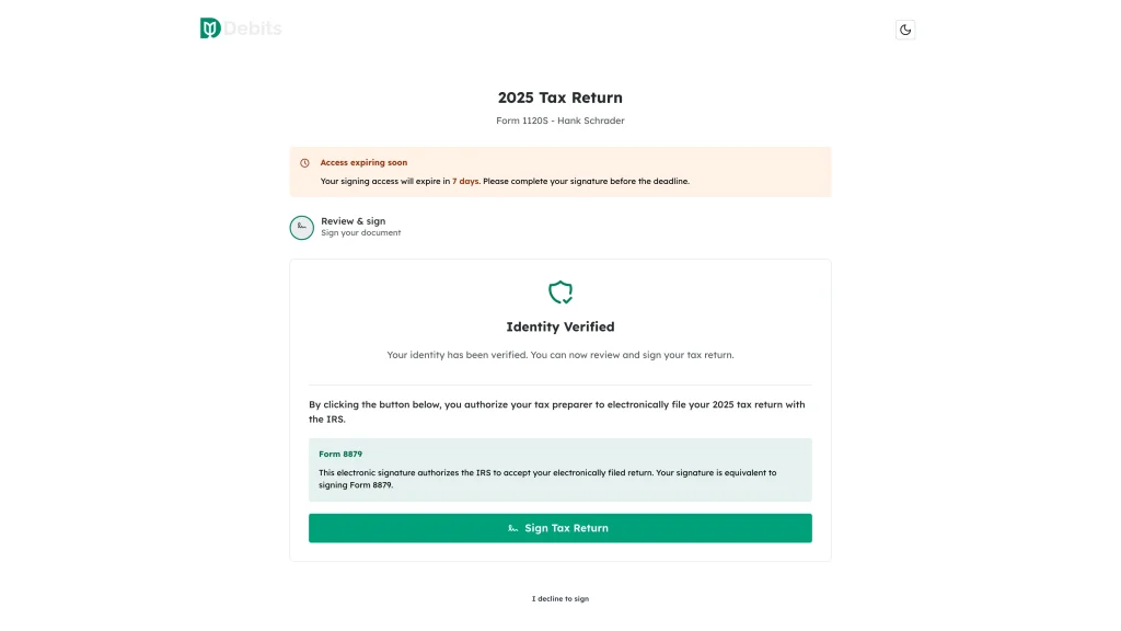 The Identity Verified card with the Form 8879 note and the Sign Tax Return button