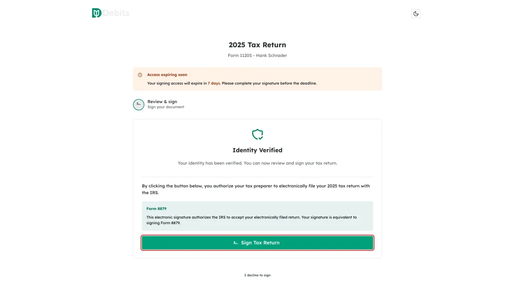 The Sign Tax Return button highlighted on the Identity Verified card
