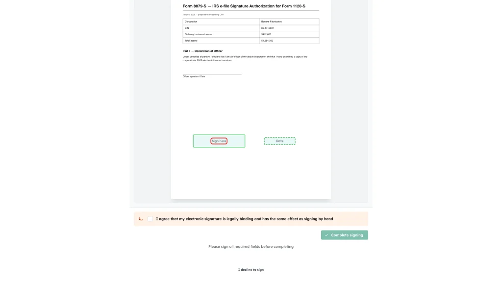 A Sign here field highlighted on the document, next to its matching Date field
