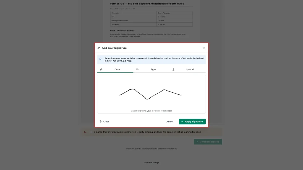 The Add Your Signature window highlighted with the Draw, Type and Upload tabs and the Apply Signature button
