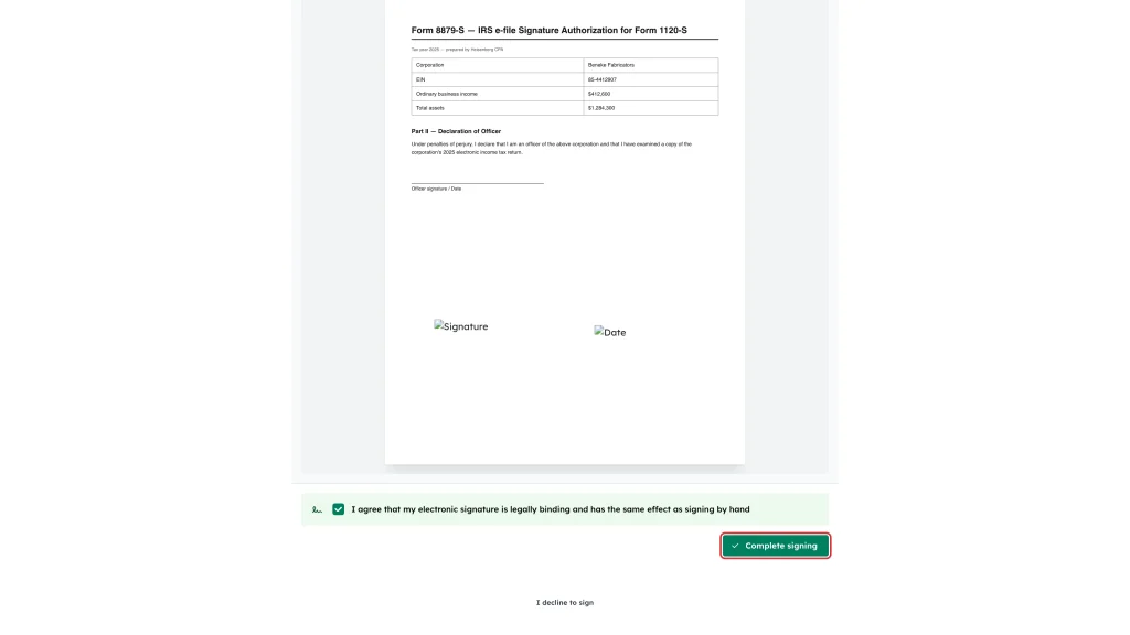 The Complete signing button highlighted with the electronic signature agreement checkbox ticked above it