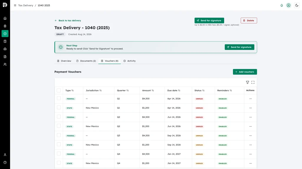 The Payment Vouchers table highlighted with the Type, Jurisdiction, Quarter, Amount, Due date, Status and Reminders columns