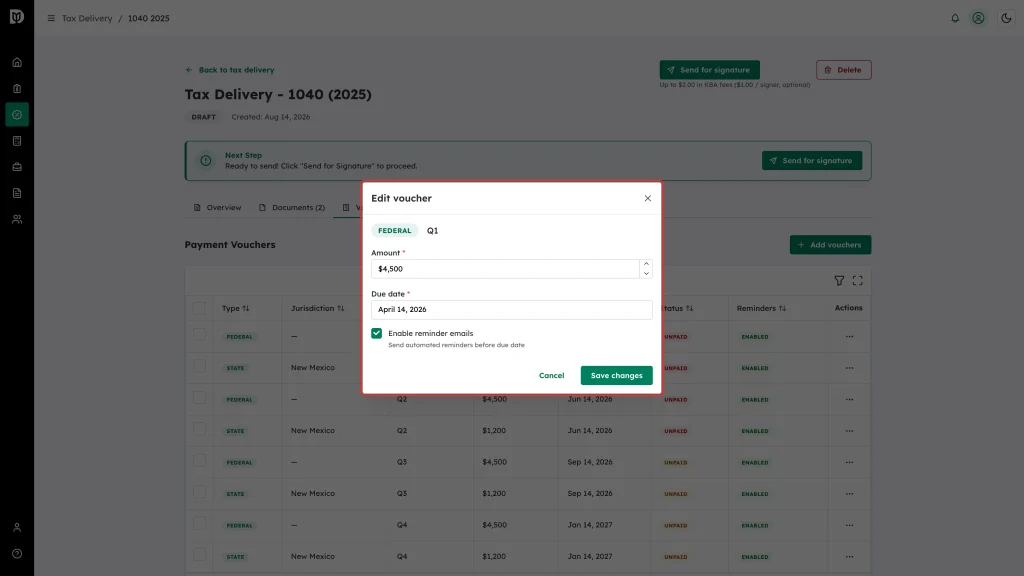 The Edit voucher window highlighted, showing the Amount, Due date and Enable reminder emails controls