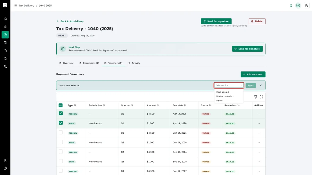 The Select action dropdown highlighted in the voucher bulk action bar