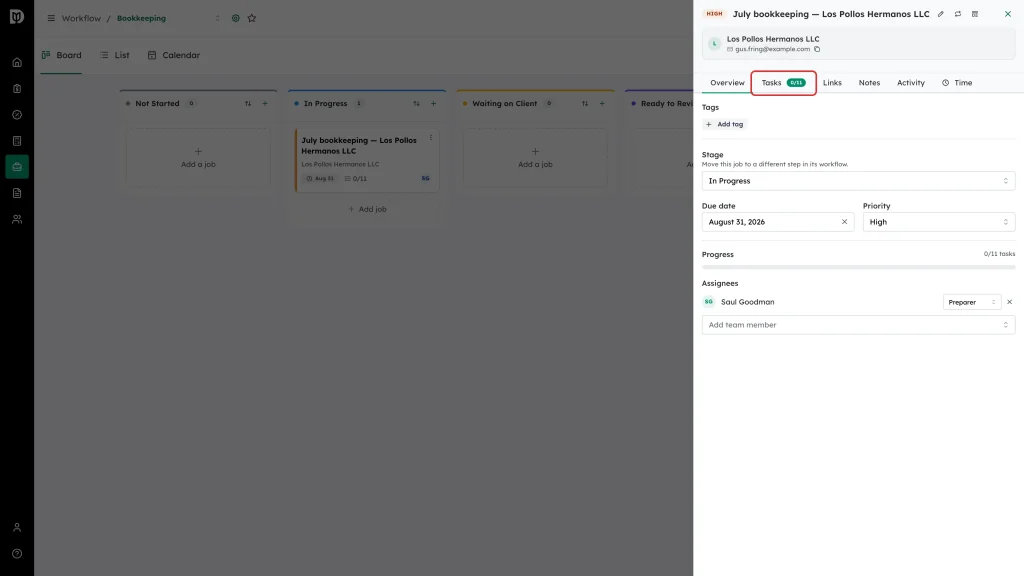 Tasks tab highlighted in the job panel