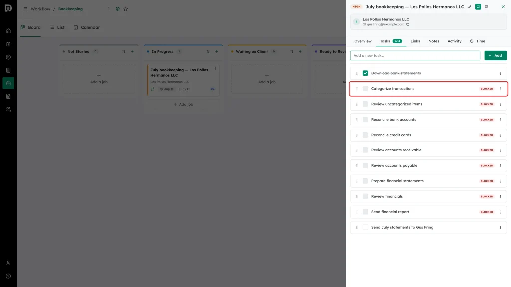 Blocked badge highlighted on a checklist item that depends on an earlier task