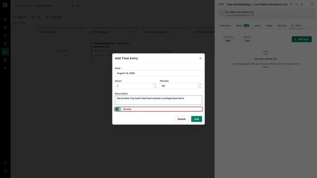 Billable switch highlighted in the Add Time Entry window