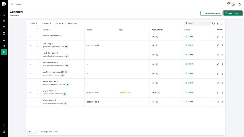 New contact button highlighted at the top of the Contacts page
