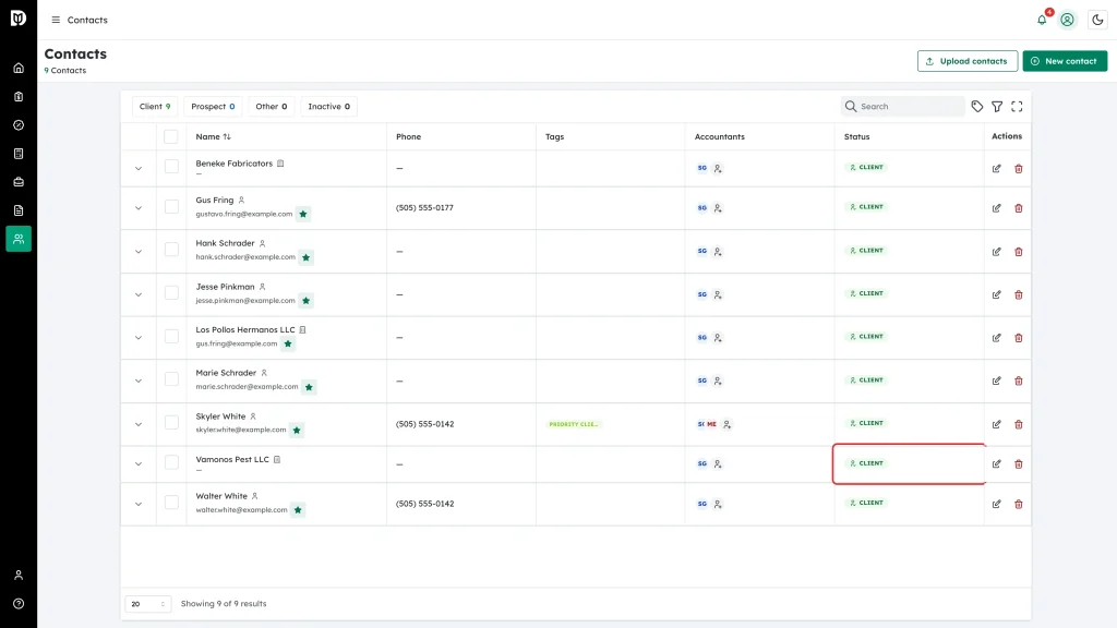 Status cell highlighted on a contact row