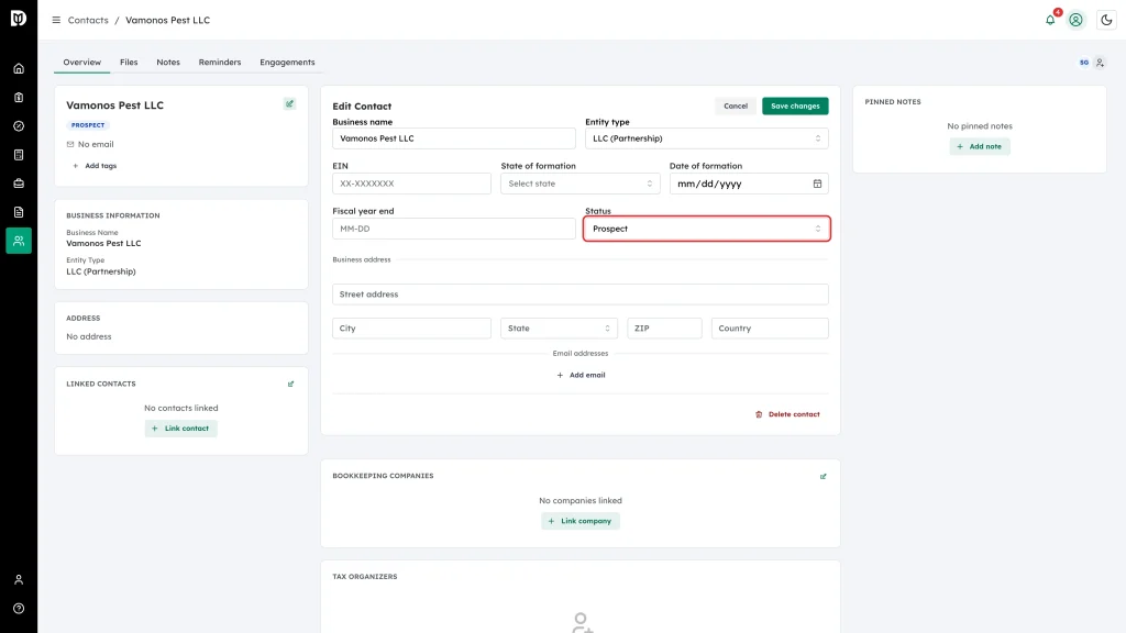 Status field highlighted in the Edit Contact panel