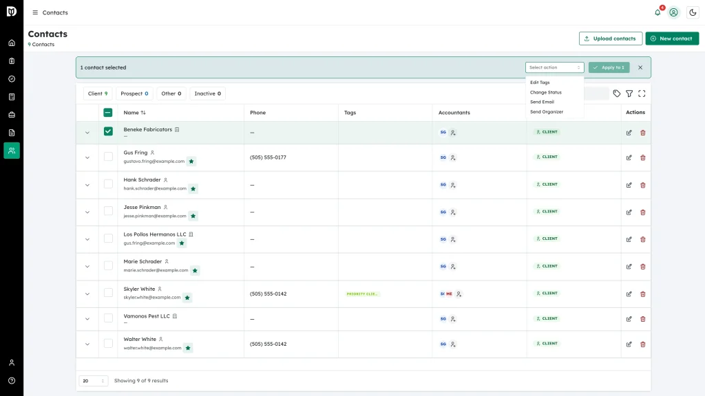 Select action list open, showing Change Status among the bulk actions