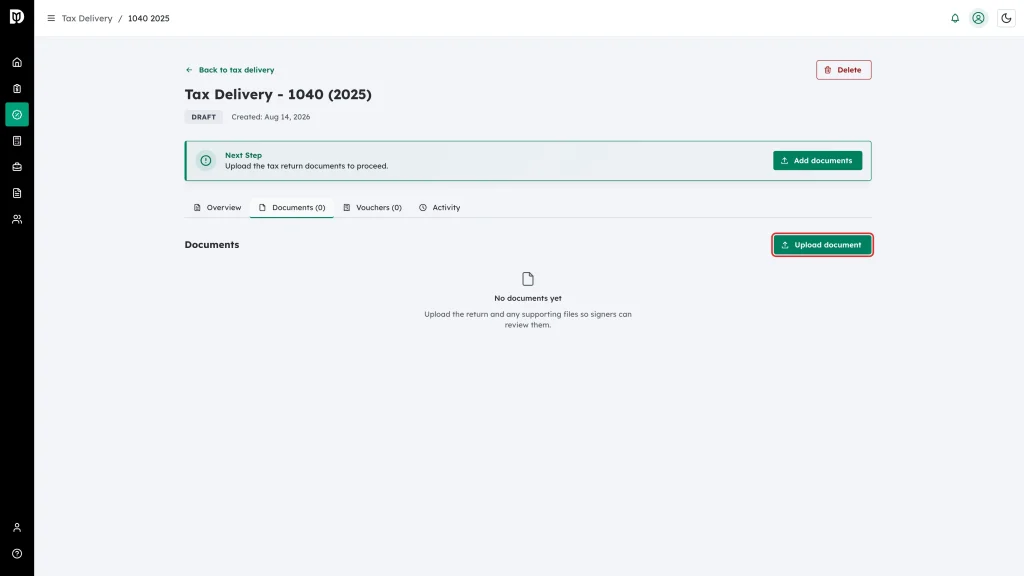 The Upload document button highlighted above the empty documents area