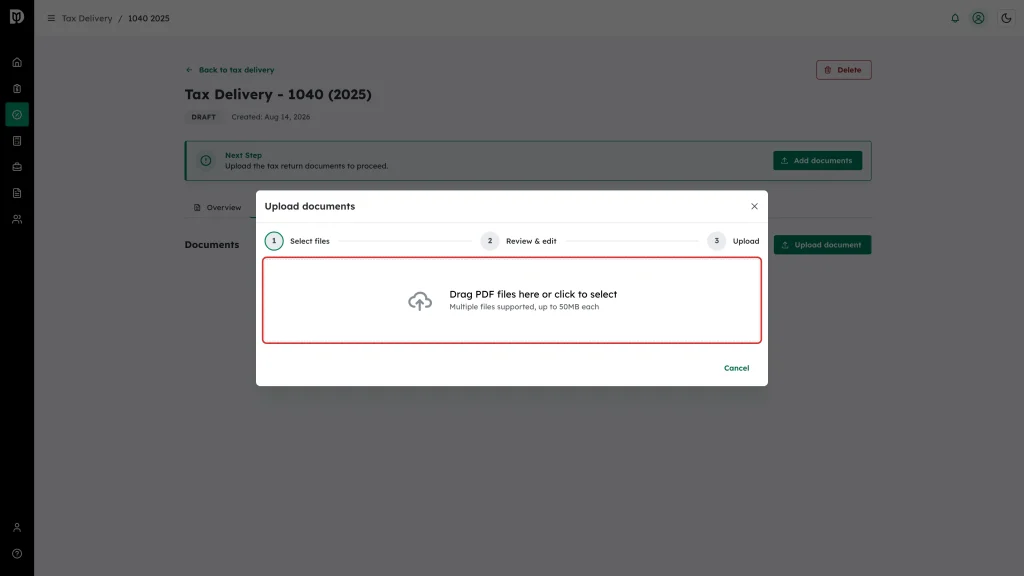 The drag-and-drop zone highlighted in the Upload documents window