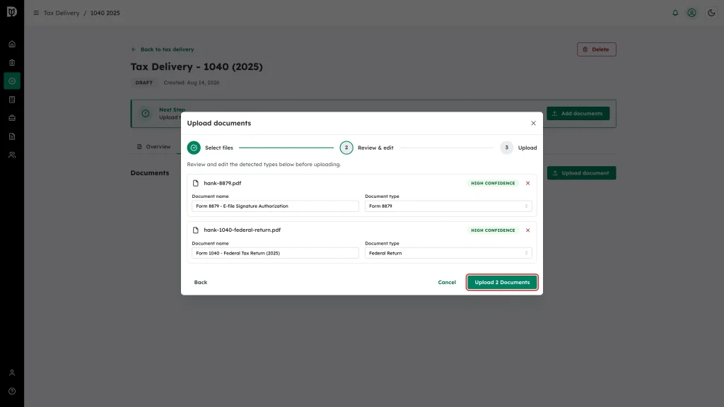 The Upload 2 Documents button highlighted below the detected document names and types