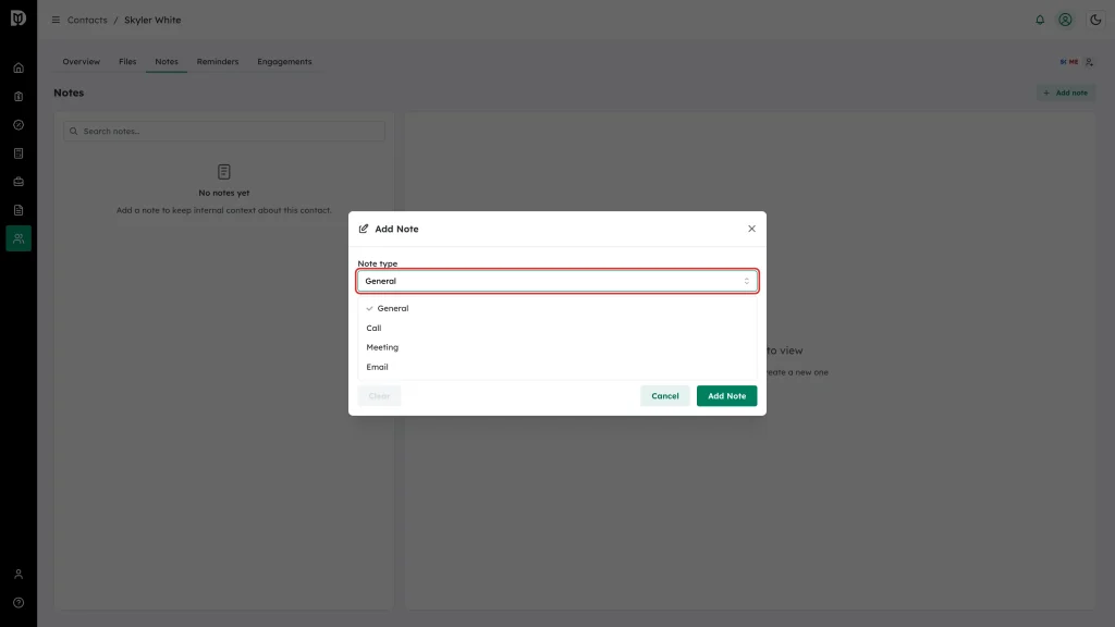 The Note type dropdown highlighted, open with General, Call, Meeting, and Email options