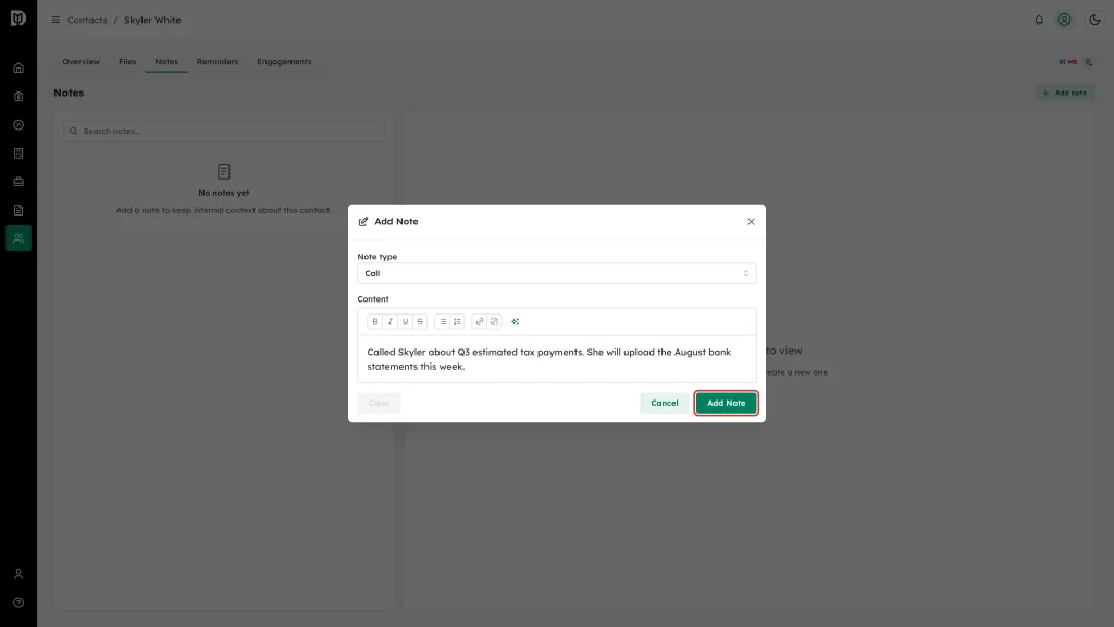 The Add Note button highlighted in the note editor, with a Call note typed in the content area