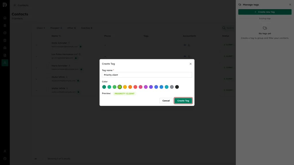 The Create Tag button highlighted in the Create Tag window, with the tag name filled in and a color selected