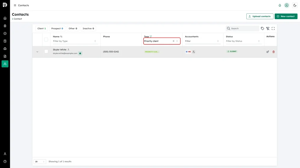 The Tags column filter highlighted with a tag selected, showing the filtered contact list