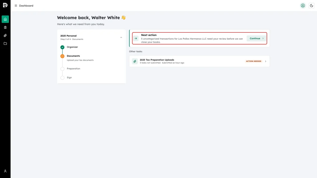The Next action card on the client dashboard, showing 5 uncategorised transactions for Los Pollos Hermanos LLC