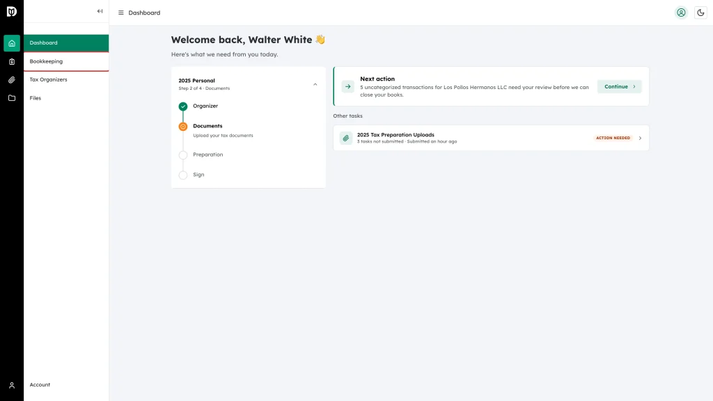 The Bookkeeping item in the left sidebar
