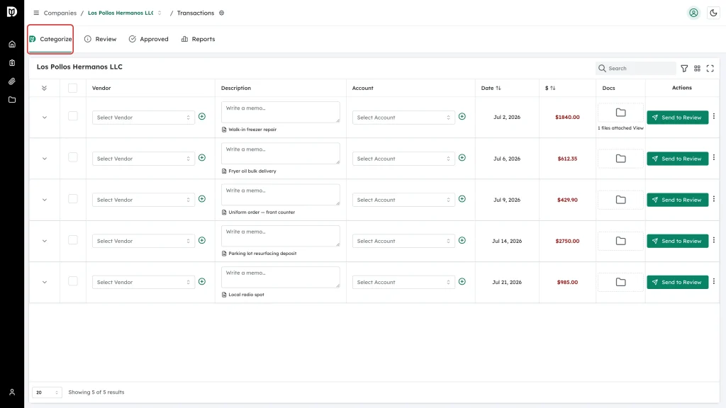 The Categorize tab above the transactions table