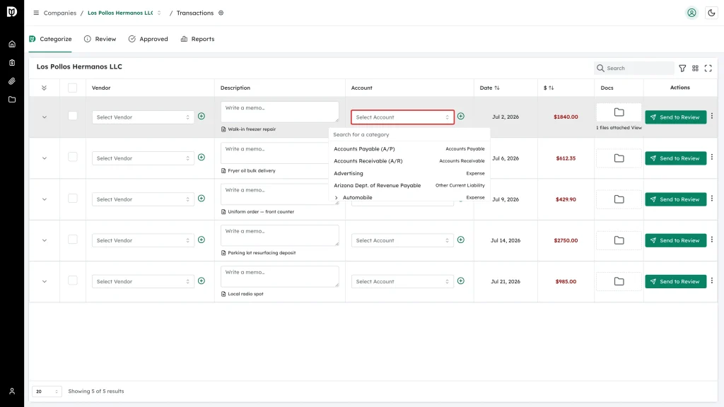 The Select Account field on the first row, with the category list open beneath it