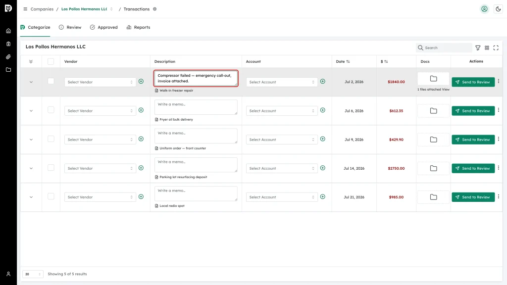 The Write a memo box in the Description column with a short explanation typed in
