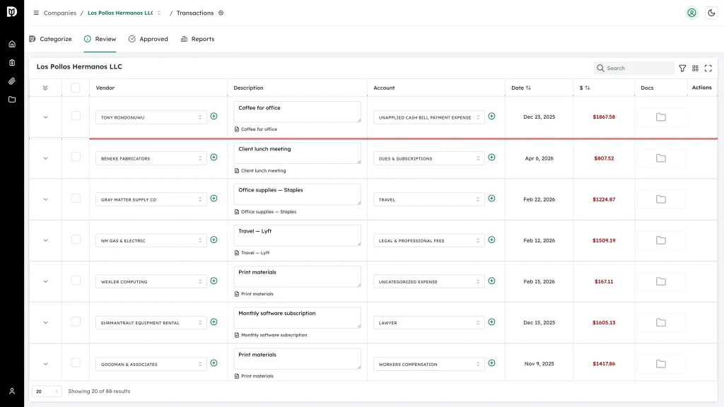 A transaction row on the Review tab showing the vendor and account already filled in