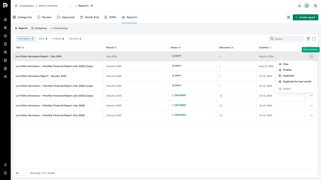 Row actions menu open with View, Finalize, Duplicate, Duplicate for next month and Delete
