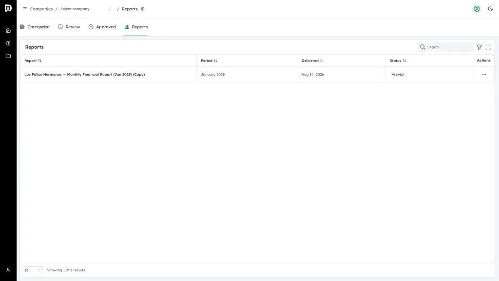 Reports list showing report, period, delivered date and status columns