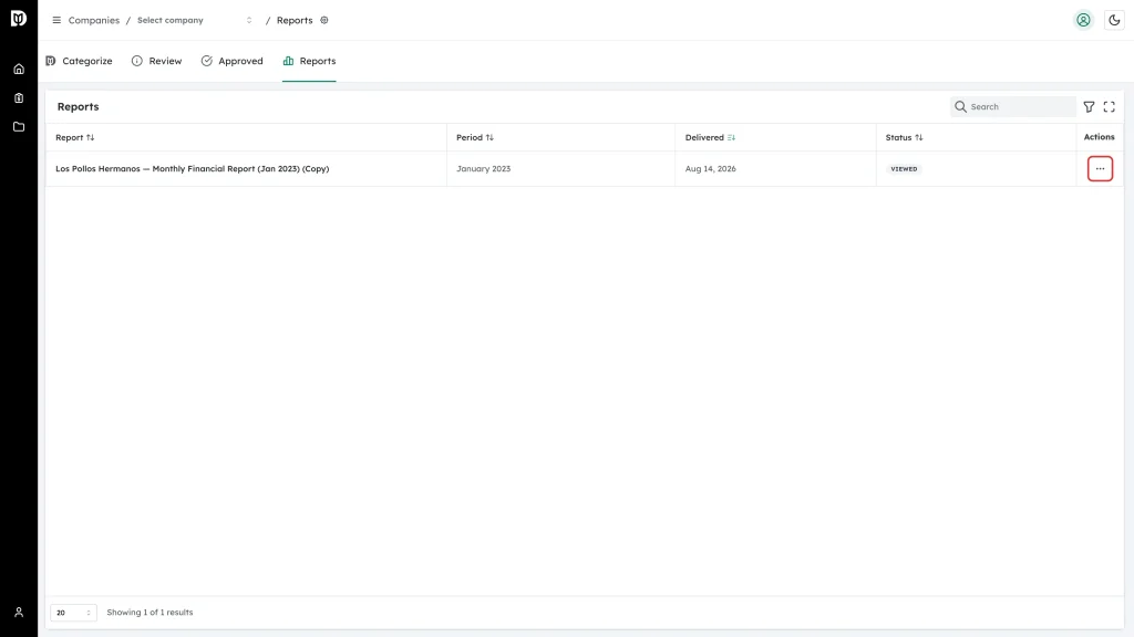 Three-dot actions button highlighted on a report row